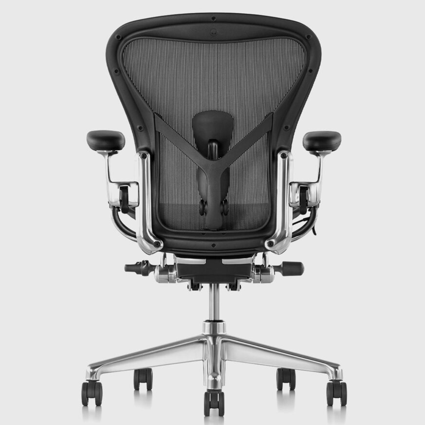 Herman Miller Aeron Remastered Ergonomic Chair Graphite Polished Aluminum legs, back view