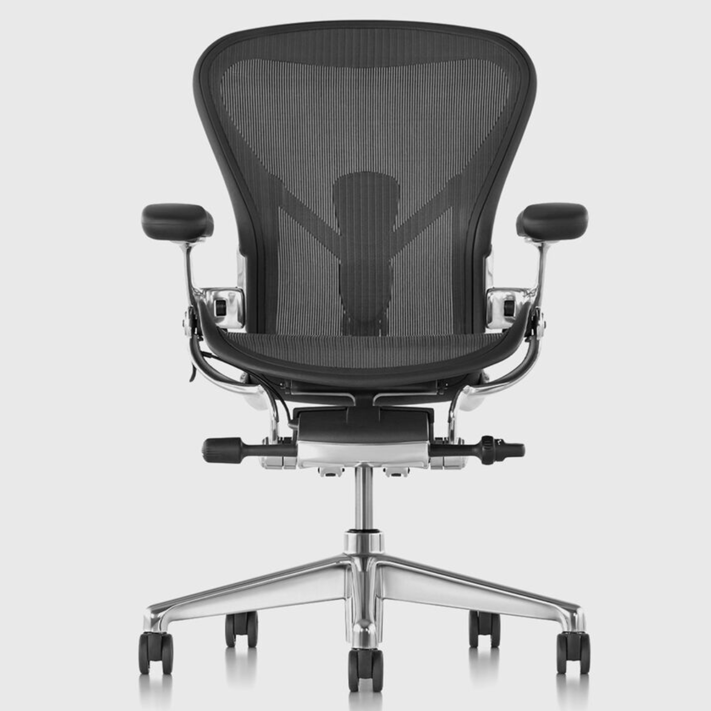 Herman Miller Aeron Remastered Ergonomic Chair Graphite Polished Aluminum legs, front view