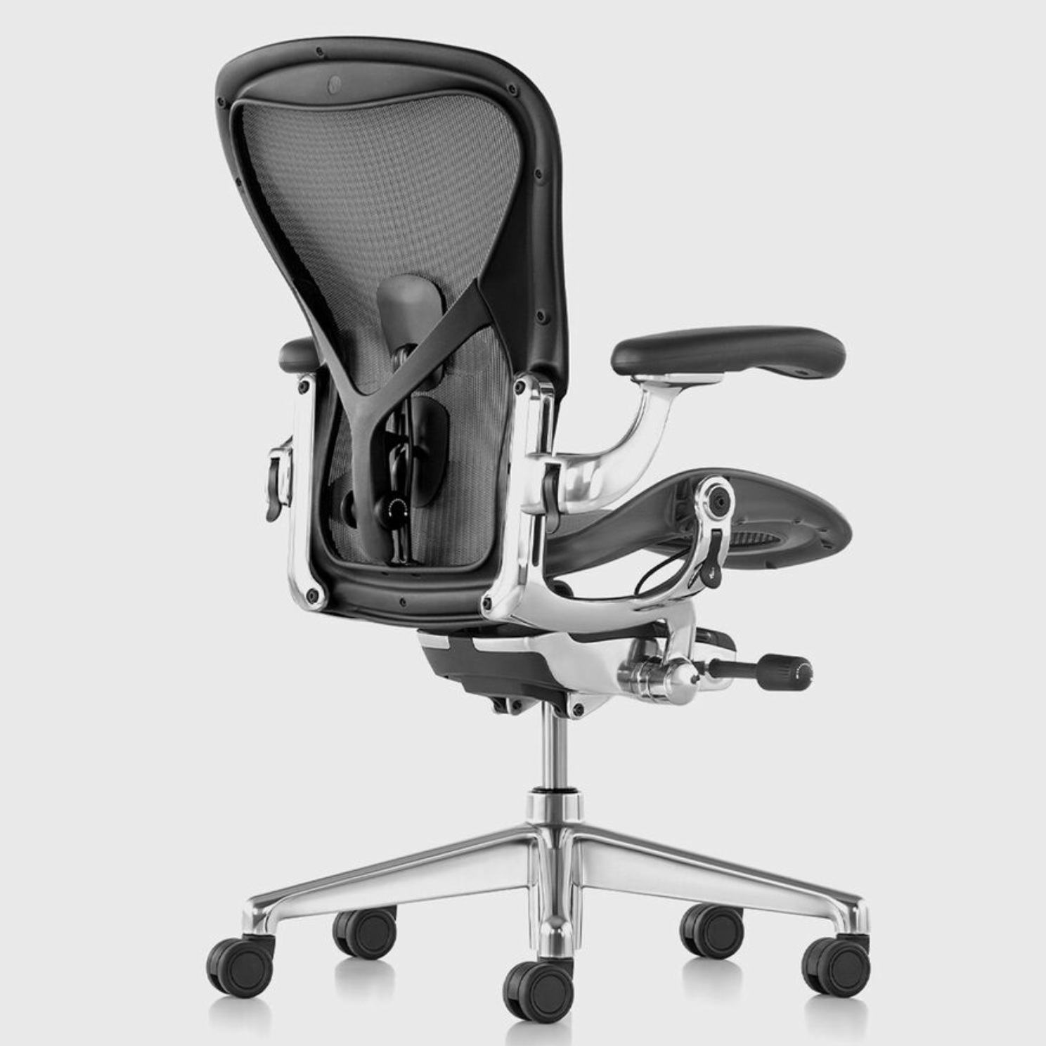 Herman Miller Aeron Remastered Ergonomic Chair Graphite Polished Aluminum legs, side back view