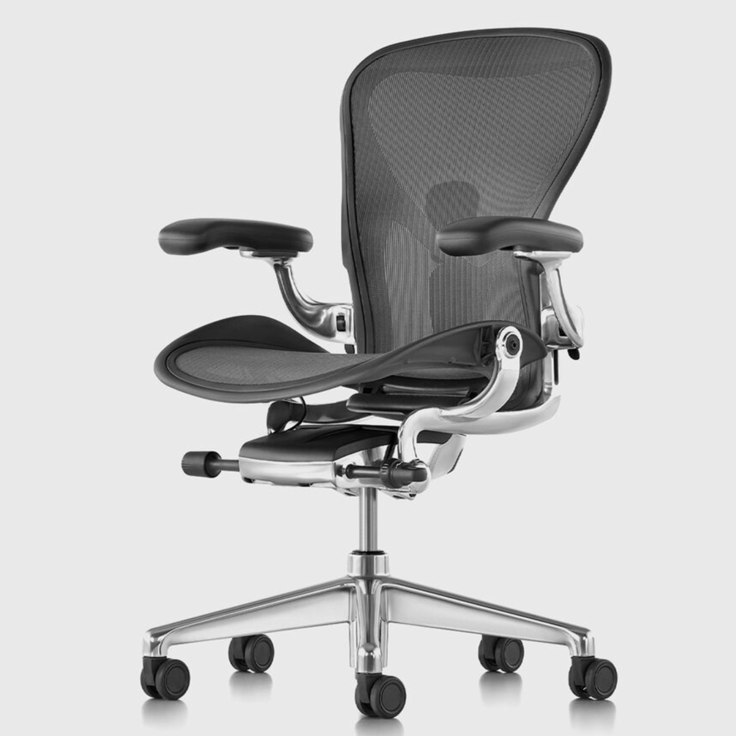 Herman Miller Aeron Remastered Ergonomic Chair Graphite Polished Aluminum legs, side front view