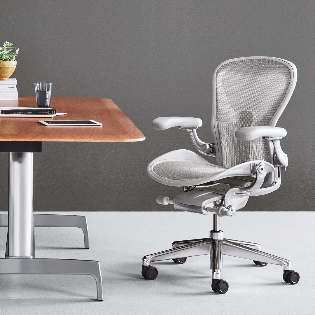 Herman Miller Aeron Remastered Ergonomic Chair Mineral Polished Aluminum Legs office setup