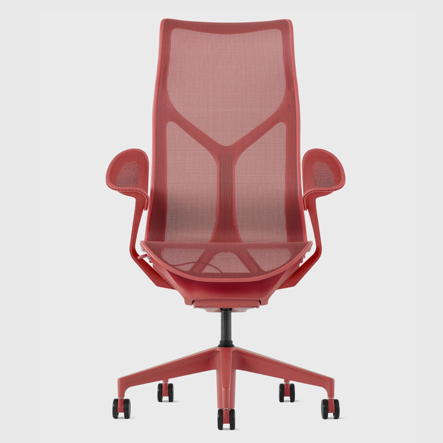 herman miller cosm designer ergonomic chair, canyon, high back, leaf armrests, front view