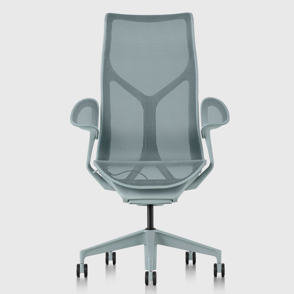 herman miller cosm designer ergonomic chair, glacier, high back, leaf armrests, front view
