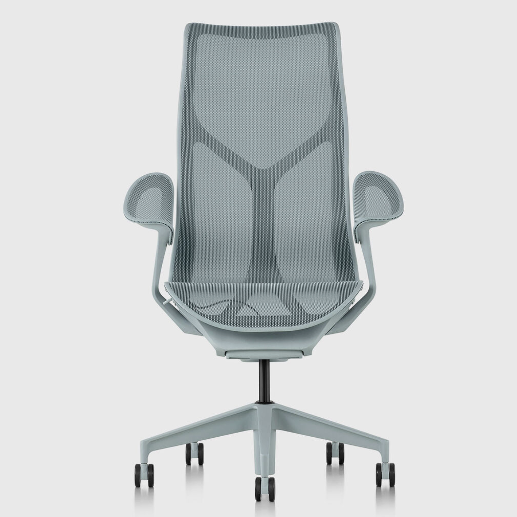 herman miller cosm designer ergonomic chair, glacier, high back, leaf armrests, front view