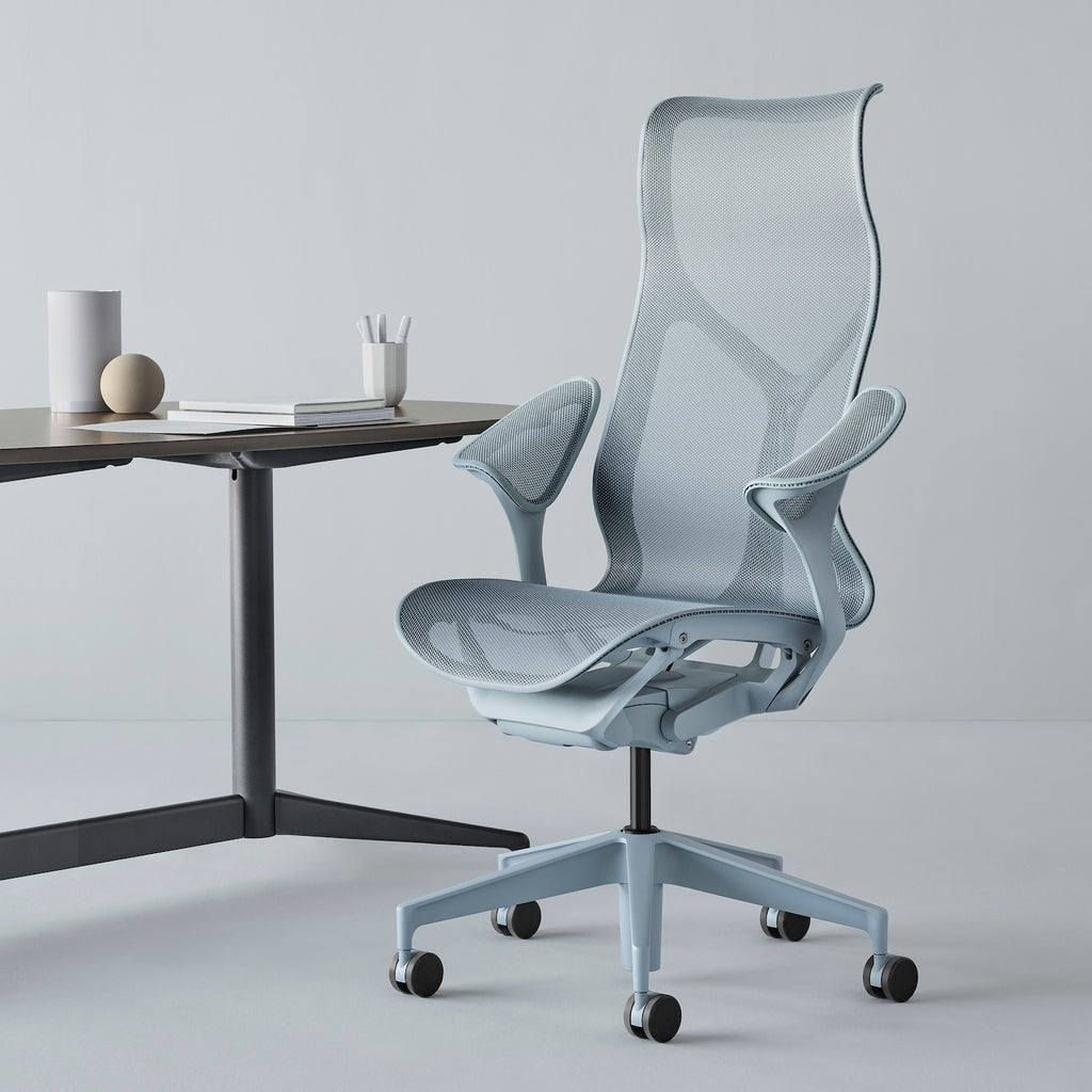 herman miller cosm designer ergonomic chair, glacier, high back, leaf armrests, office setup melbourne