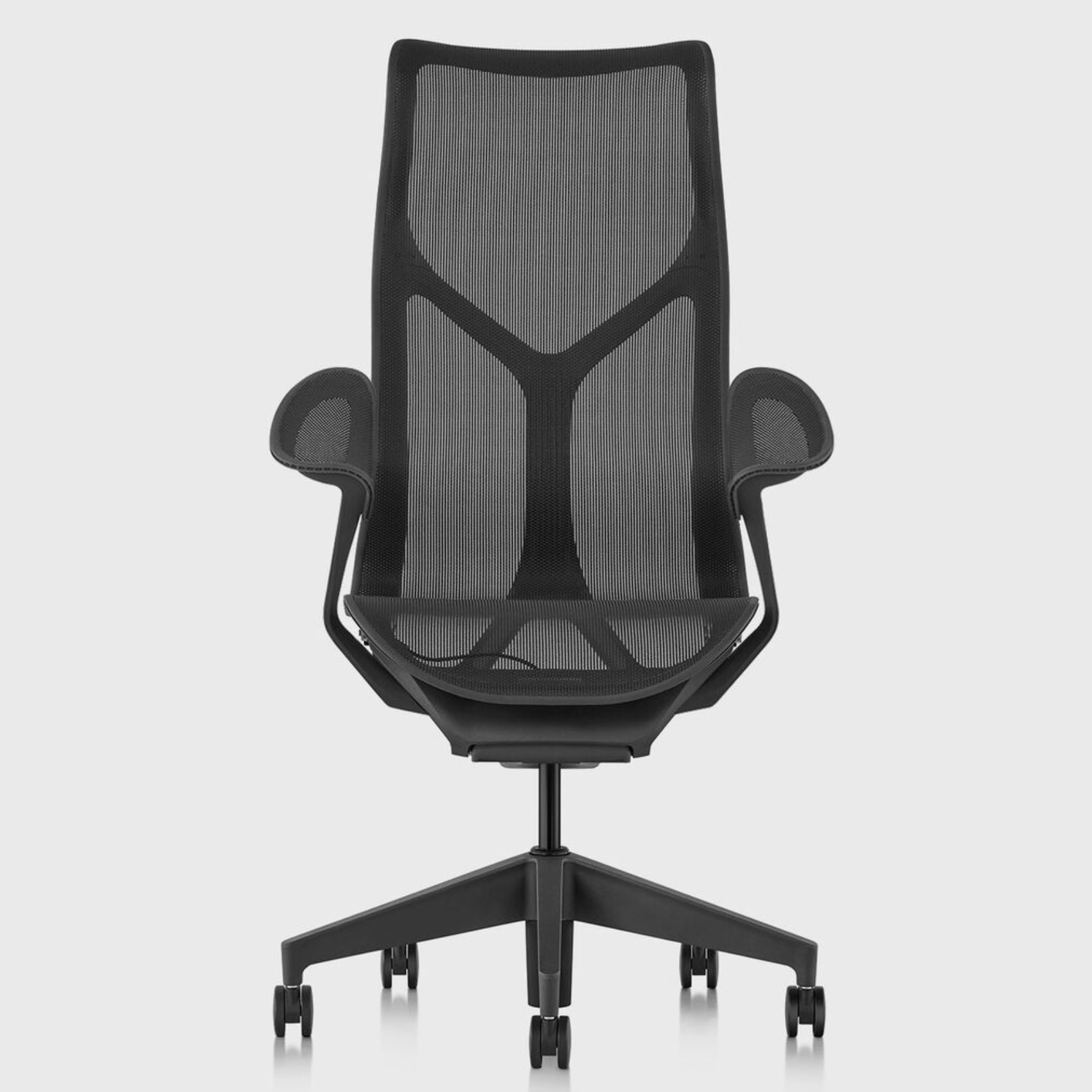 herman miller cosm designer ergonomic chair, graphite, high back, leaf armrests, front view