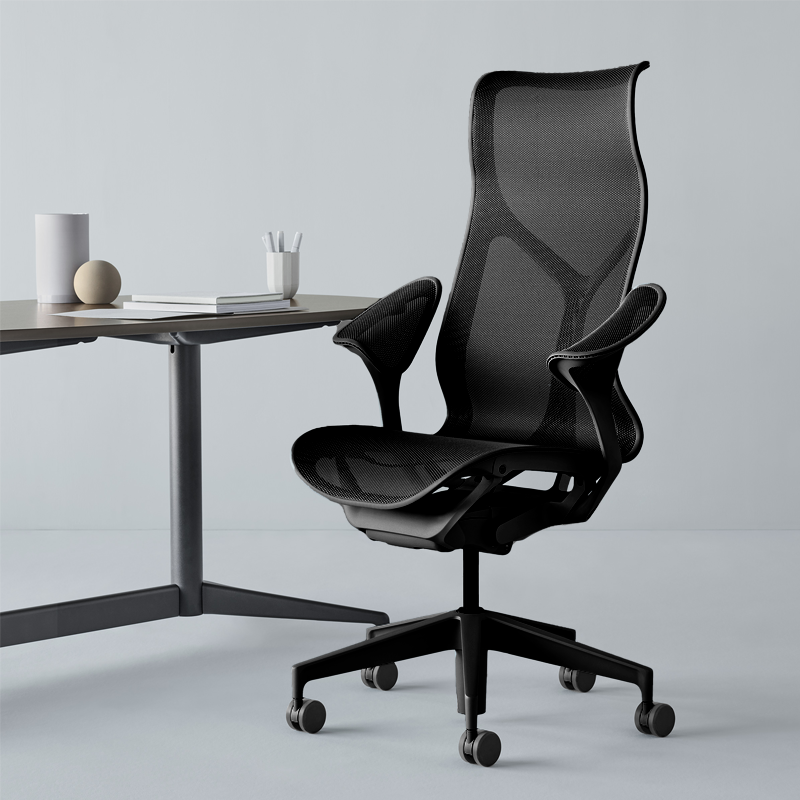 herman miller cosm designer ergonomic chair, graphite, high back, leaf armrests, office setup