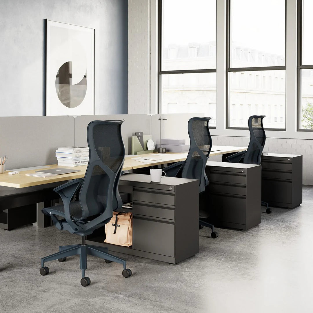 herman miller cosm designer ergonomic chair, nightfall, high back, leaf armrests, office setup